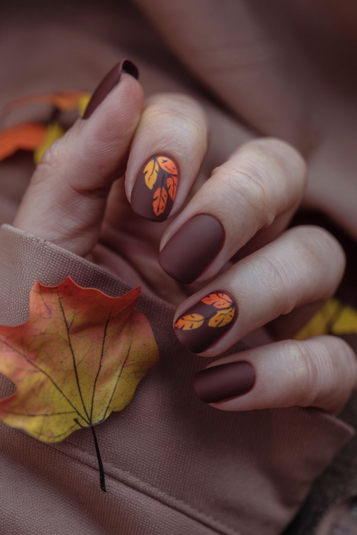 Chic Autumn Nail Design: Matte Burgundy with Vibrant Leaf Accents.