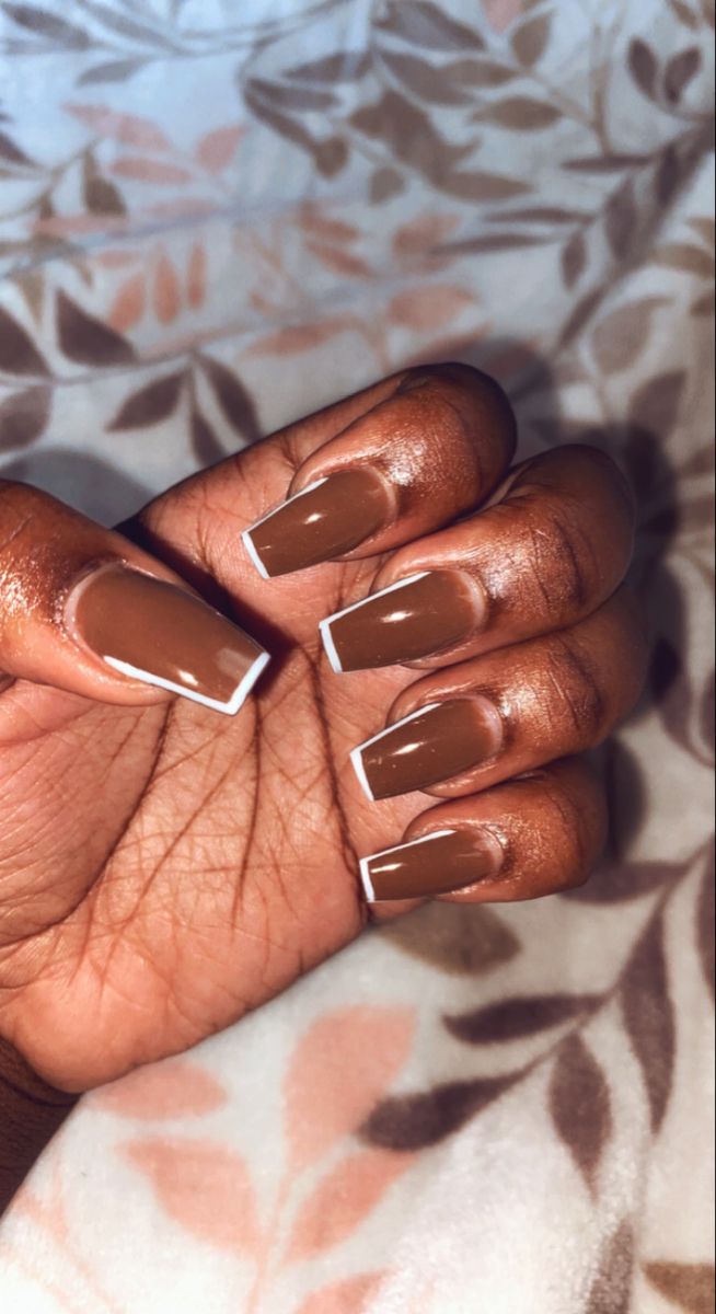 Luxurious Brown and White Square Nail Design for Effortless Elegance.