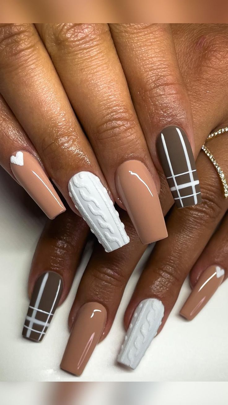 Chic Neutral Nail Design with Textured Patterns and Modern Accents