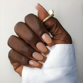 Chic Nude and Brown Nail Design with Gold Accents for Effortless Elegance.