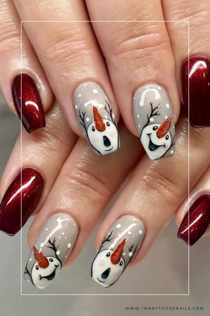 Cheerful Snowman Nail Design with Sparkling Burgundy Accents and Whimsical Snow Polka Dots.