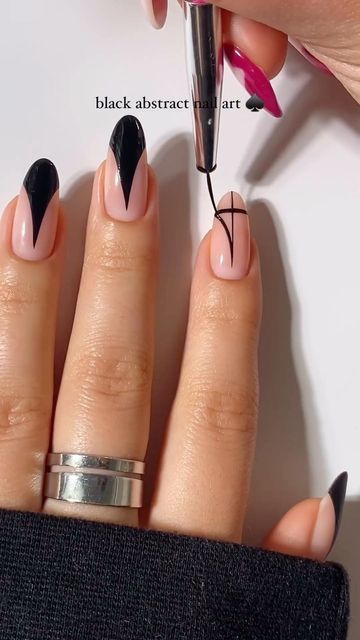 Chic Abstract Nail Art: Black and Nude Elegance with Intricate Geometric Designs