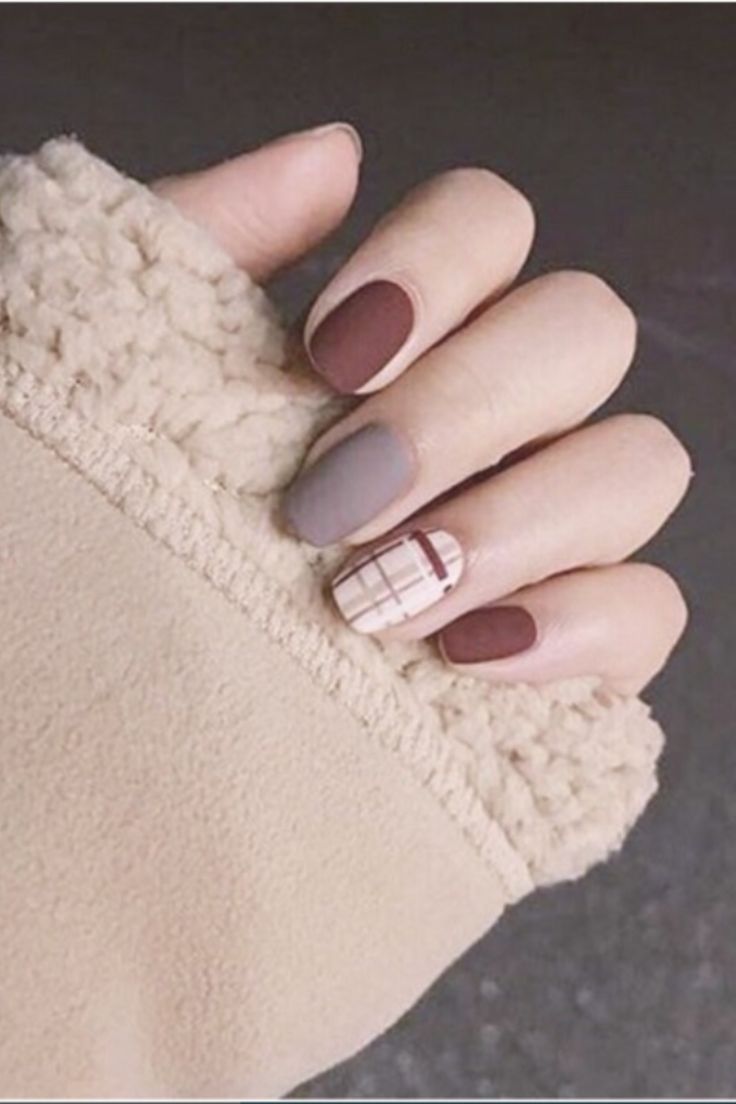 Chic Matte Nail Design with Burgundy, Gray, and Stylish Accent for a Cozy Aesthetic.