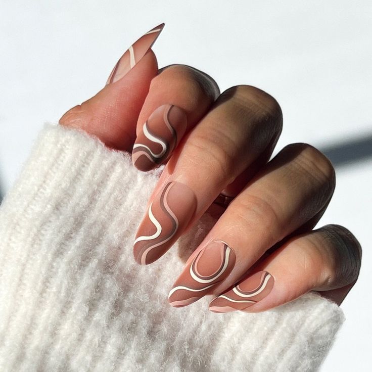 Modern Swirled Nail Design: Elegant Muted Browns with Glossy Contrast