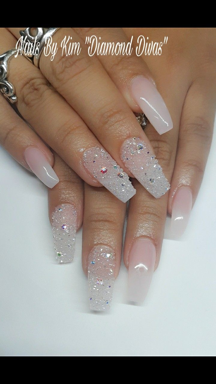 Elegant Gradient Acrylic Nails with Glitter and Rhinestones for Chic Occasions