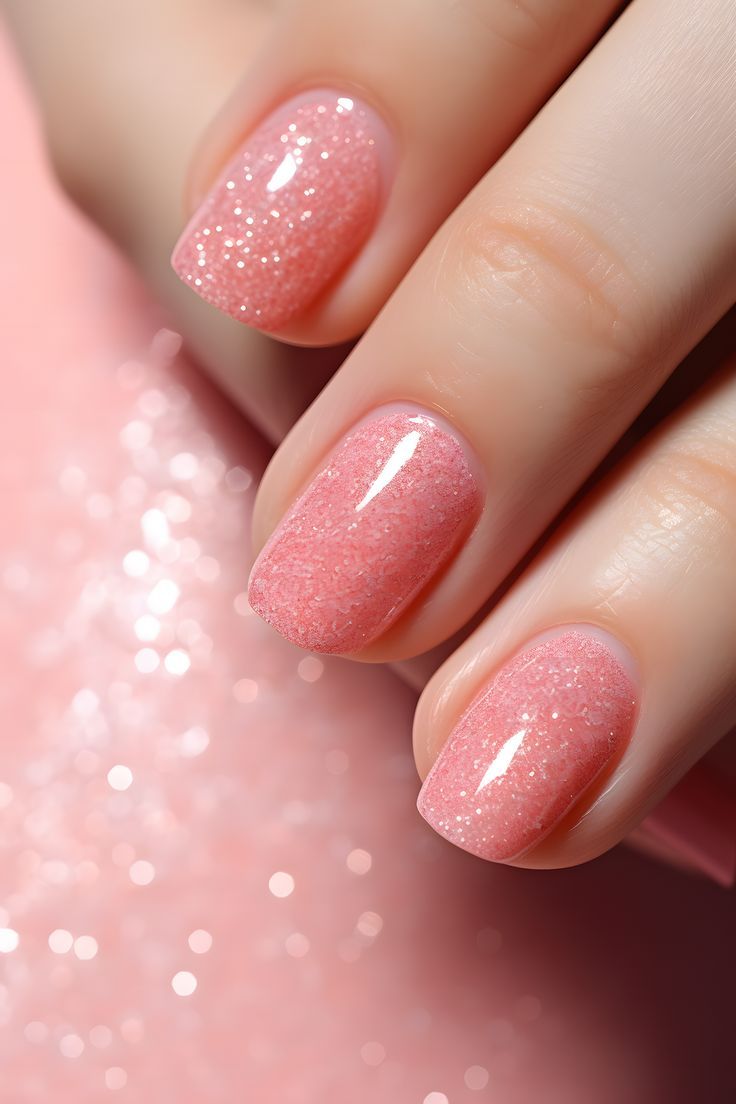 Elegant Sparkling Pink Gradient Nail Design with Shimmer and Glossy Finish.