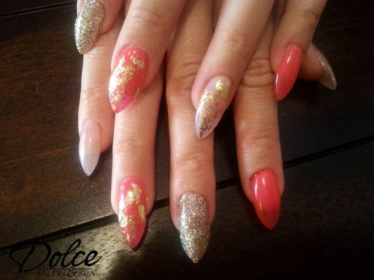 Vibrant Almond-Shaped Nail Design with Coral, Pink, and Glitter Accents