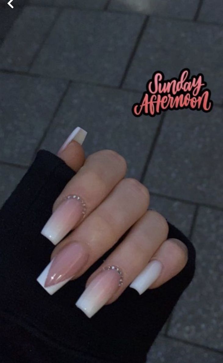 Chic Ombre Nails with Rhinestone Accents for Sophisticated Elegance.