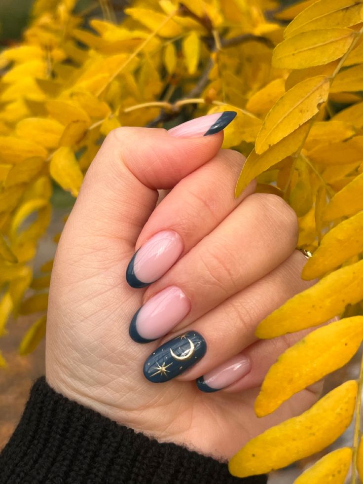 Chic Autumn-Inspired Nail Design with Soft Pink, Deep Navy, and Celestial Accents