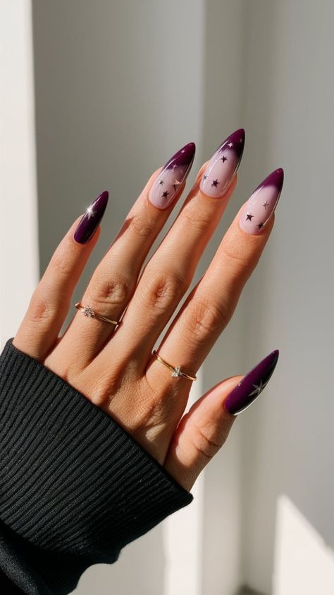 Chic Stiletto Nail Design: Ombre Pink-Purple Gradient with Celestial Accents and Gold Rings