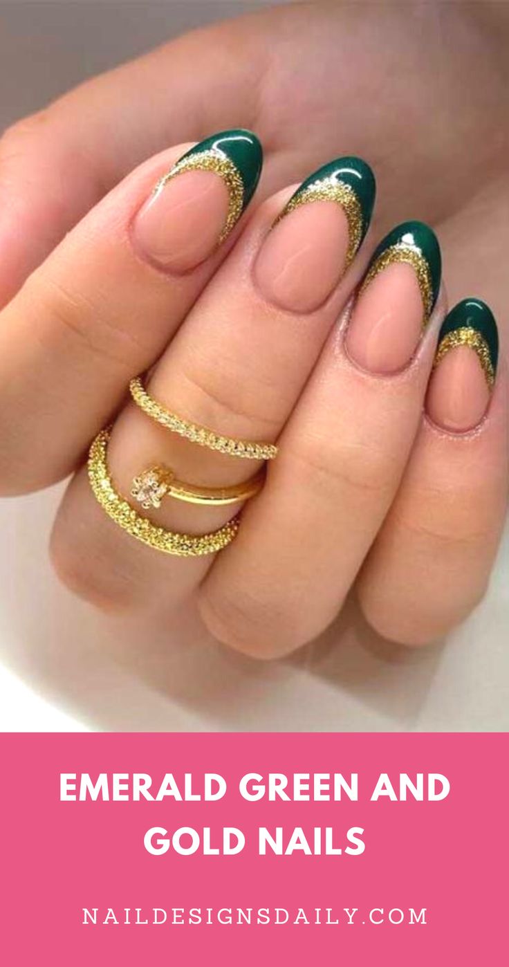 Elegant Emerald Green Nails with Shimmering Gold Accents for a Chic French Manicure.