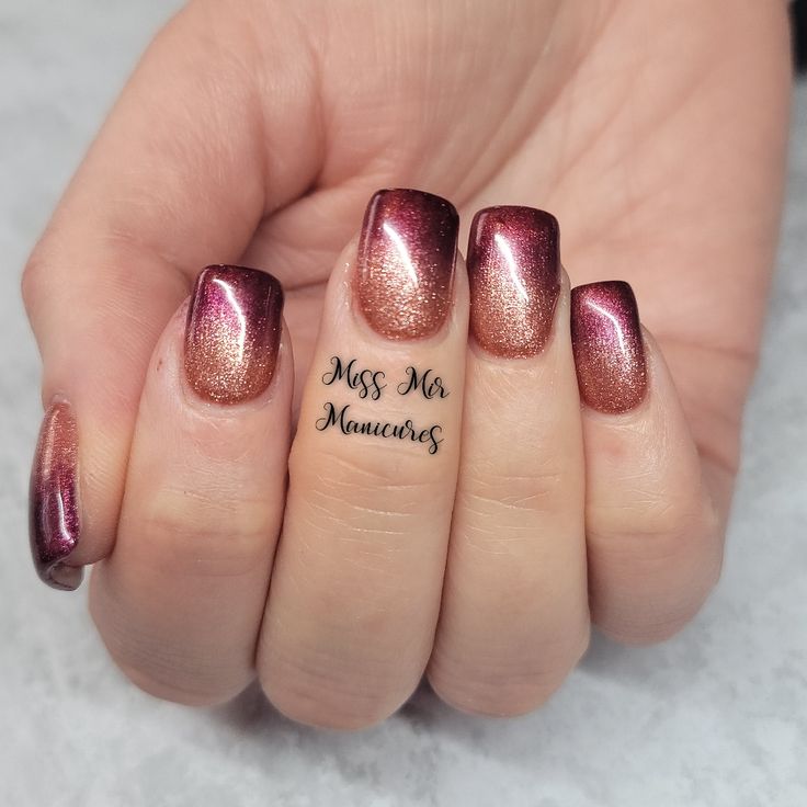 Stunning Ombre Nails: Rich Burgundy Meets Soft Rose Gold for a Glamorous Gradient Finish.