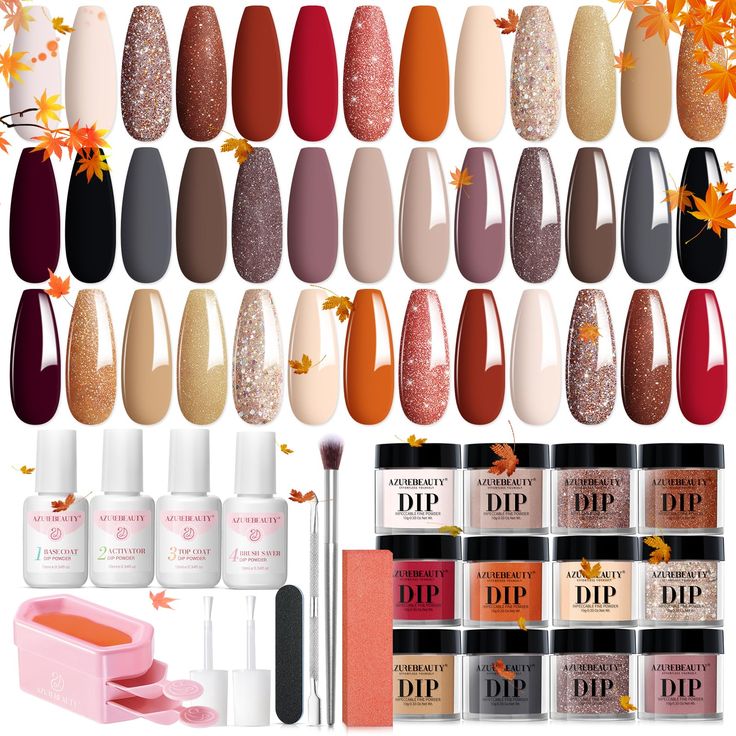 Diverse Nail Design Palette: Fall-Inspired Shades and Versatile Dip Powder Tools.