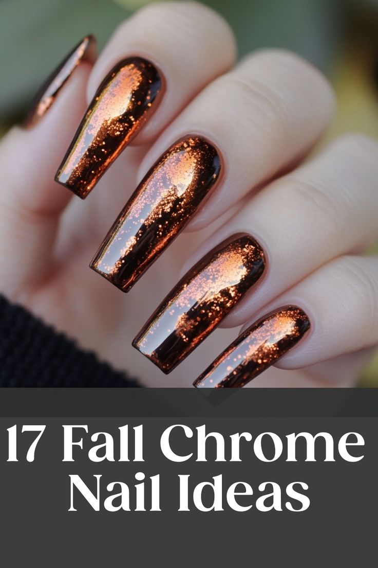 Elegant Fall-Inspired Chrome Nails: Glossy Hues with Iridescent Shimmer and Modern Long Square Shapes.