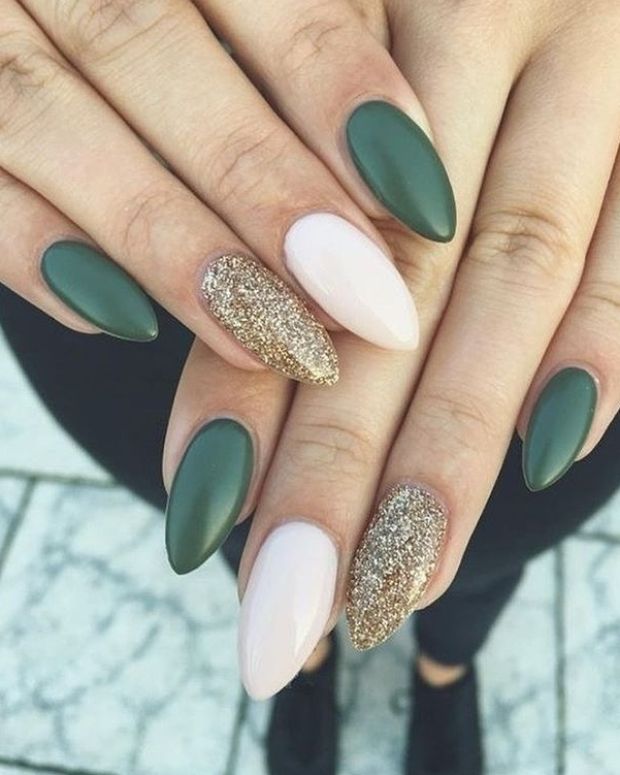 Chic Oval Nail Design: Matte Green and Pink with Glittery Gold Accents.