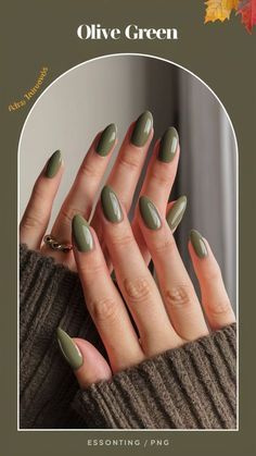 Chic Olive Green Almond-Shaped Nail Design: A Glossy Autumn Essential.