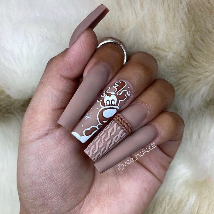 Chic Warm Brown Matte Nails with Festive Designs for the Holiday Season