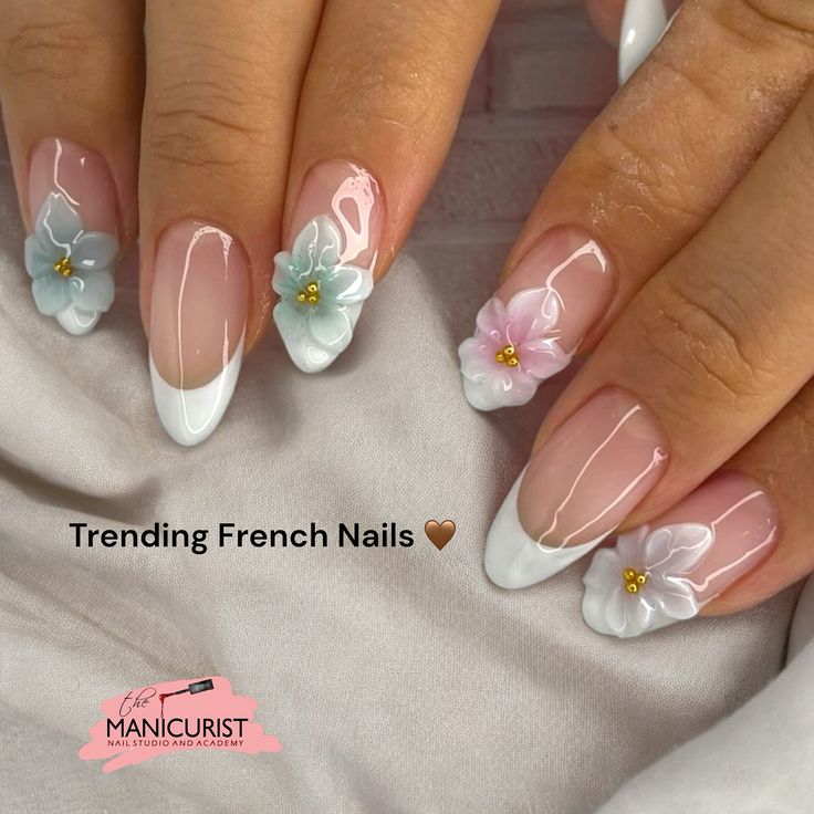 Chic Floral-Design French Nails in Pastel Elegance.