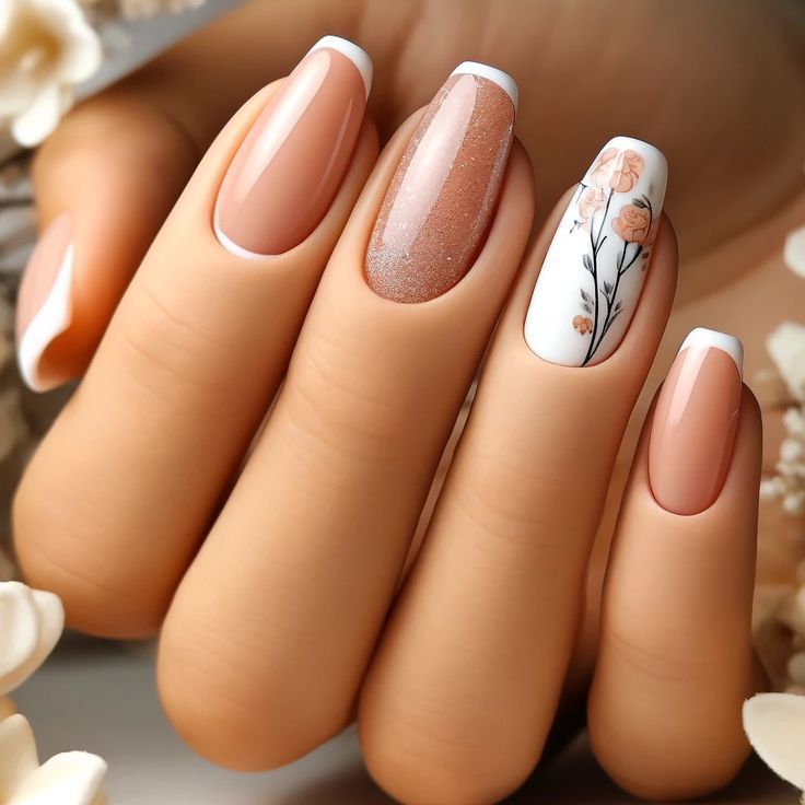 Chic Pastel Nude and Glossy White Nail Design with Glitter and Floral Accents.