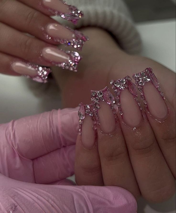 Glamorous Elongated Acrylic Nail Design with Pink and Silver Rhinestones