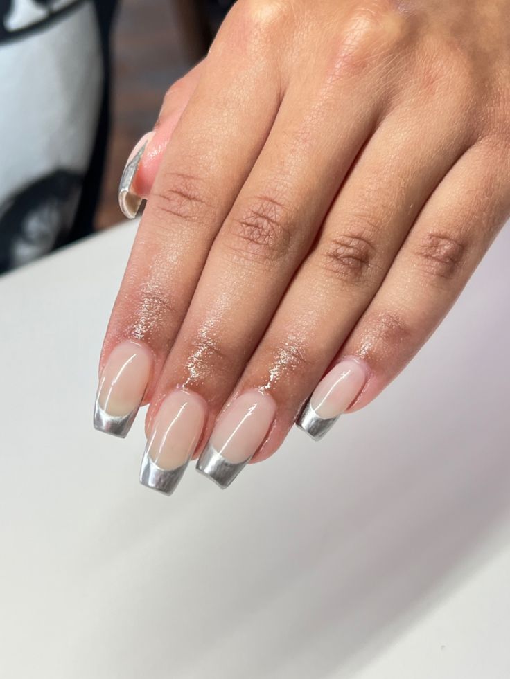 Chic Nude Base with Striking Silver Tips: Versatile Nail Design for Any Occasion