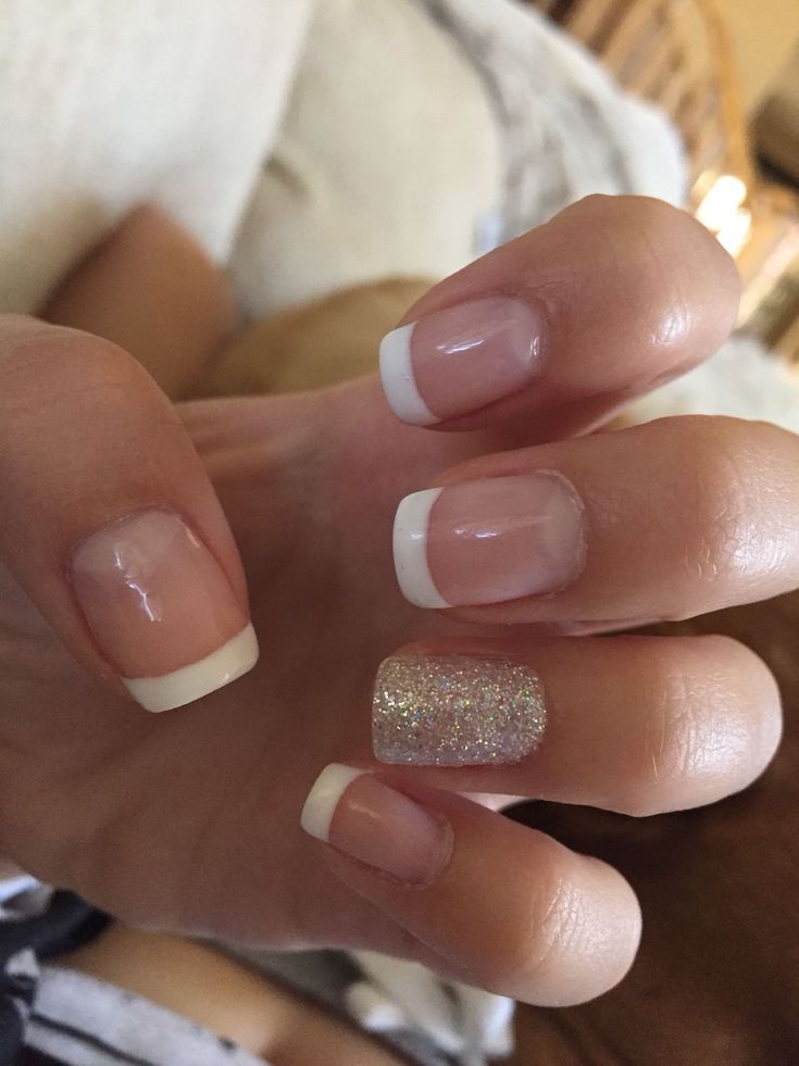 Classic French Manicure with Glittery Accent for Timeless Elegance