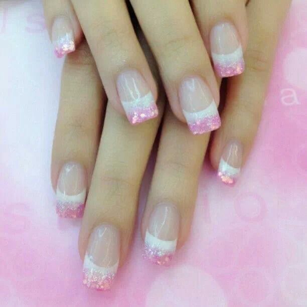 Chic Ombre Nails: Soft Pink and White Gradient with Glitter Tips