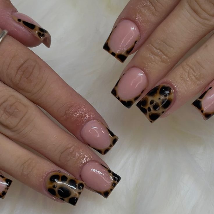 Chic Nude and Leopard Print Square Nail Design for Trendy Sophistication.