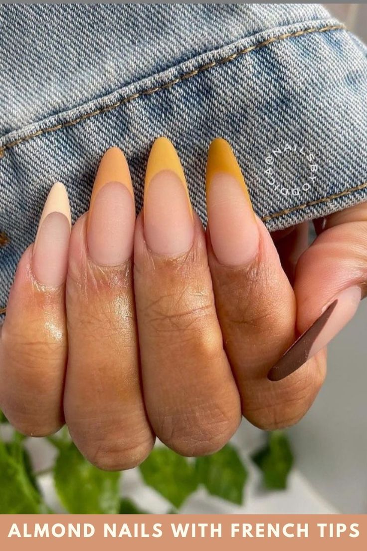 Chic Almond-Shaped Nails with Modern French Tip Gradient in Pastel and Vibrant Yellow.