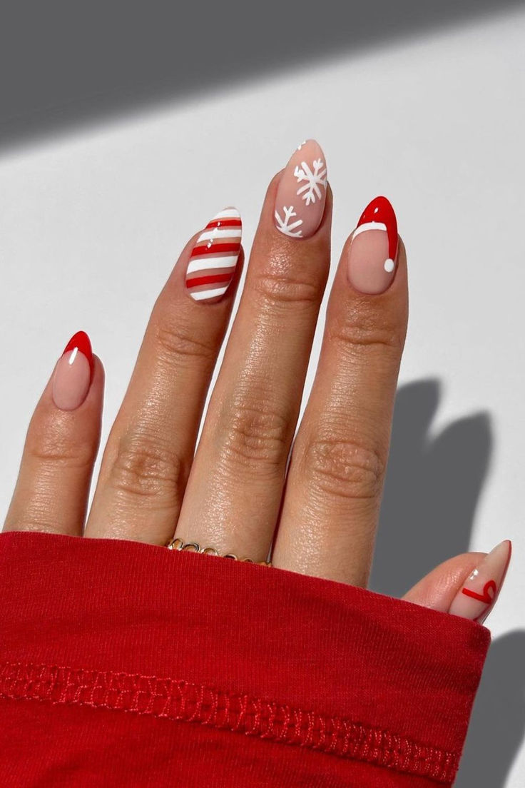 Holiday-Inspired Festive Nail Designs with Red and White Patterns