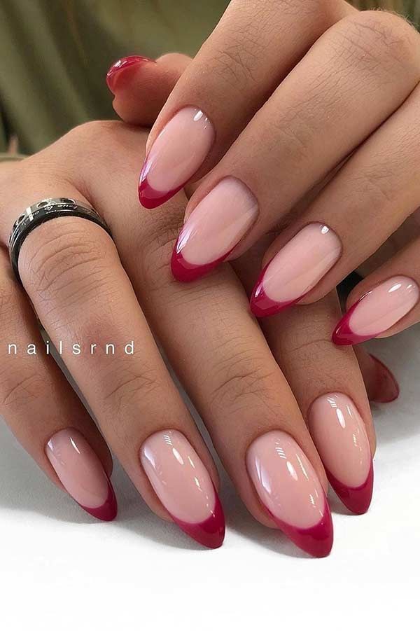 Chic Almond-Shaped Red French Manicure on Nude Base for Elegant Occasions