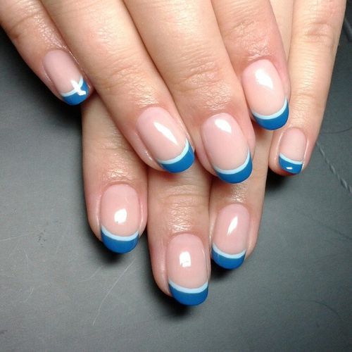 Chic Vibrant Blue French Tip Nail Design with Gradient and Subtle White Line