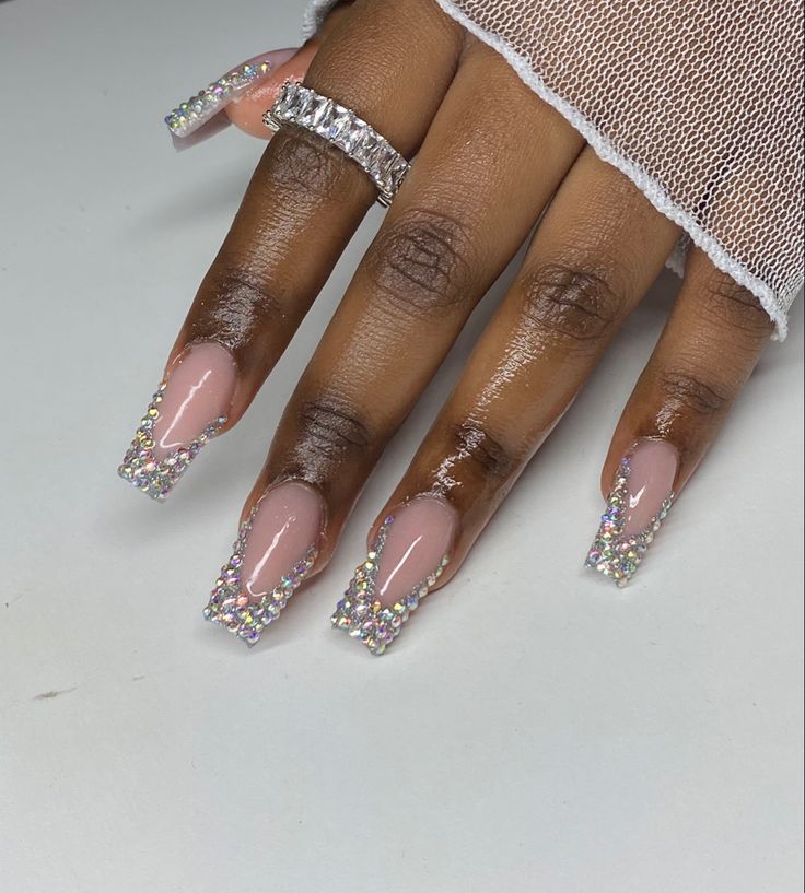 Chic Long Square Nails with Glossy Nude Base and Rhinestone Accents