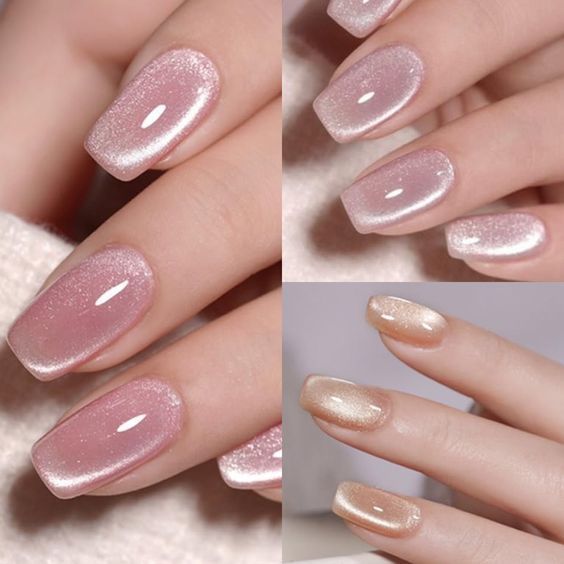 Sophisticated Ombre Nail Designs in Soft Pink and Champagne with Subtle Sparkle.