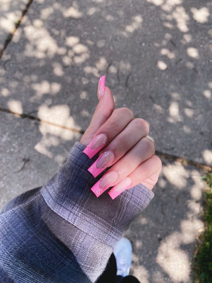 Trendy Long Rectangular Acrylic Nails with Playful Pink Gradient Tips