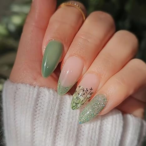 Sophisticated Elegant Nail Design with Soft Green and Nude Shades, Glitter Tips, and Floral Patterns.