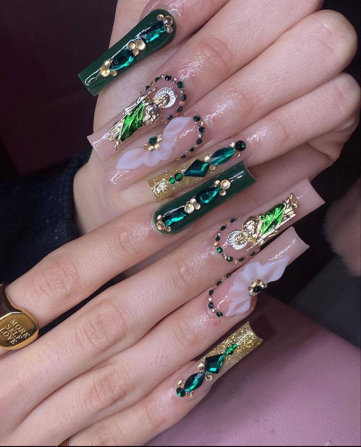 Luxurious Vibrant Nail Design with Deep Green, Soft Pink, and Gold Accents.