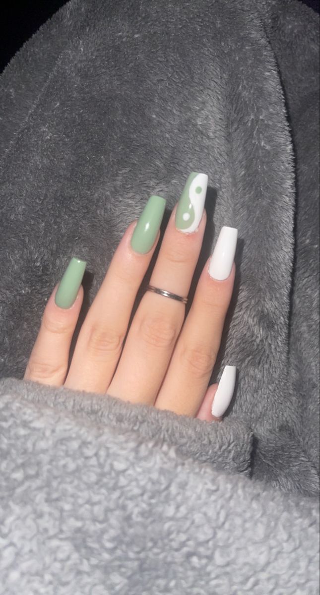 Chic Green and White Nail Design with Matte and Glossy Finish.