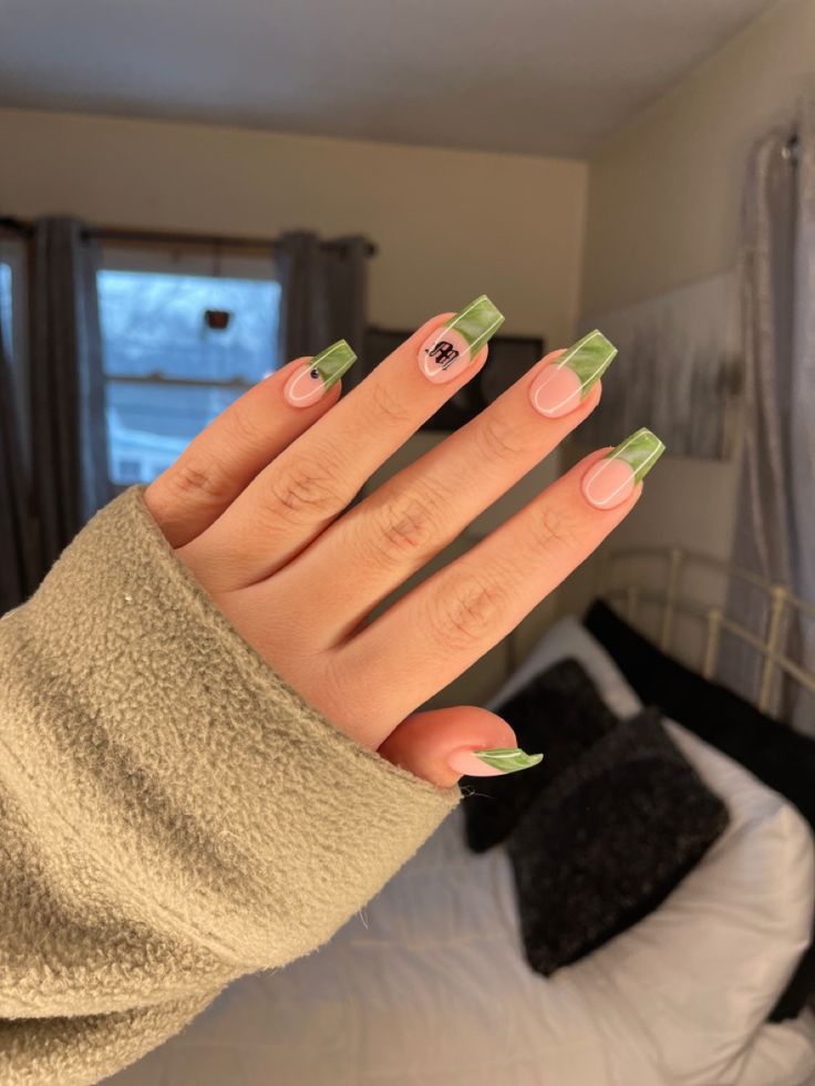 Chic Green Ombre Nail Design with Long Square Tips and Unique Art Detail