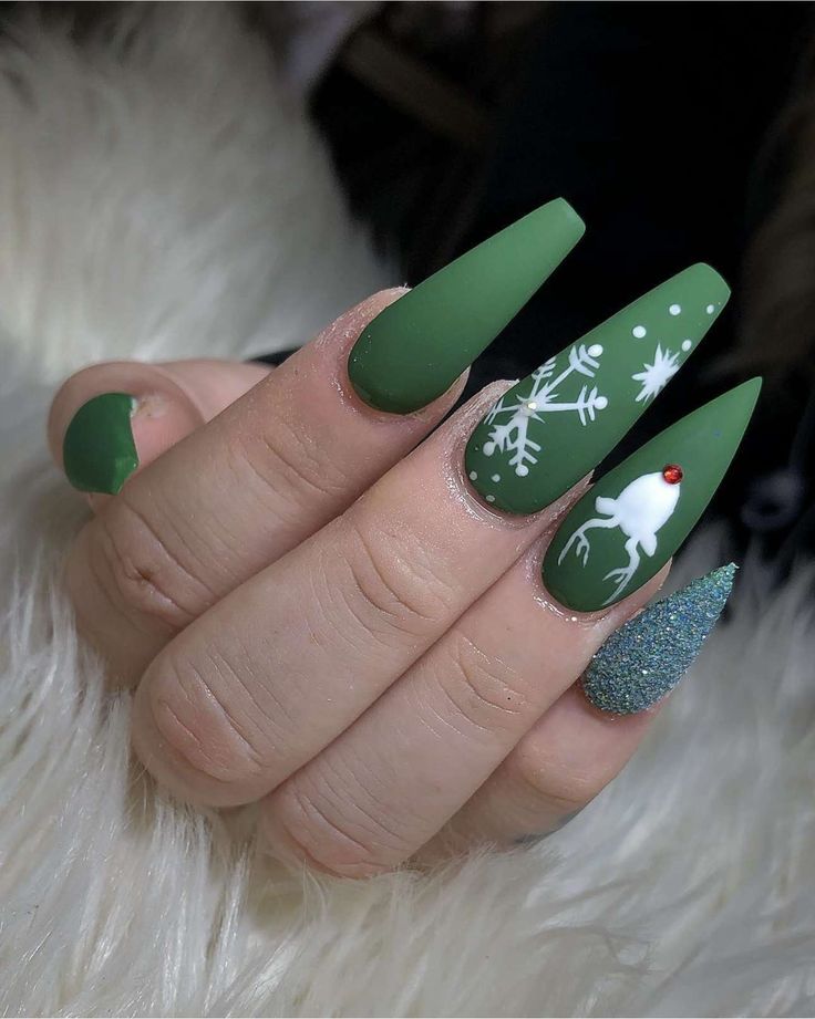 Festive Green Matte Nails with Winter Artwork and Glittery Accent