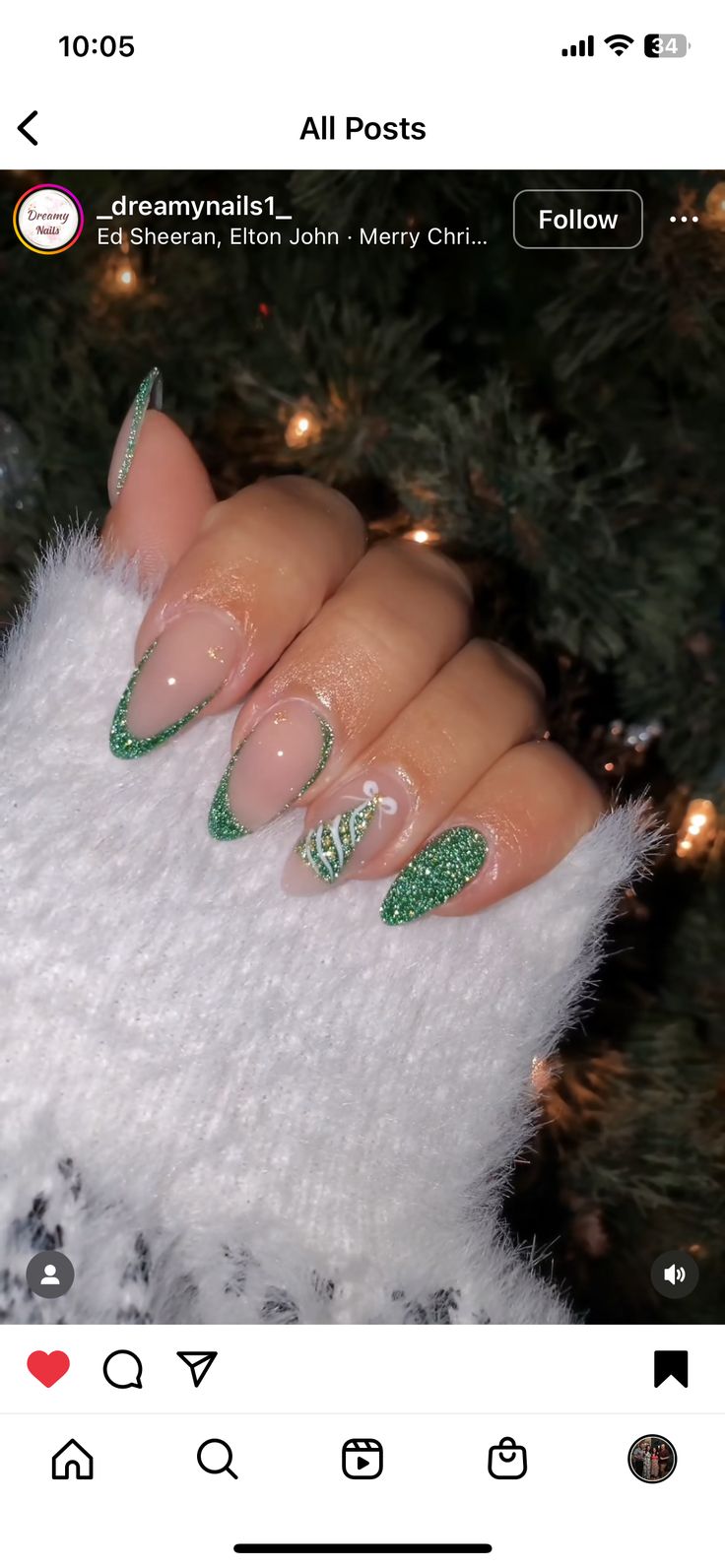 Chic Holiday Nail Design: Elegant Nude and Vibrant Green with Glamorous Accents and Playful Tree Pattern.