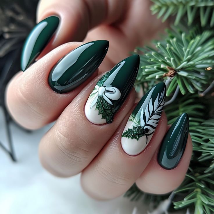 Sophisticated Green Holiday Nail Design with Glossy and Matte Finishes.