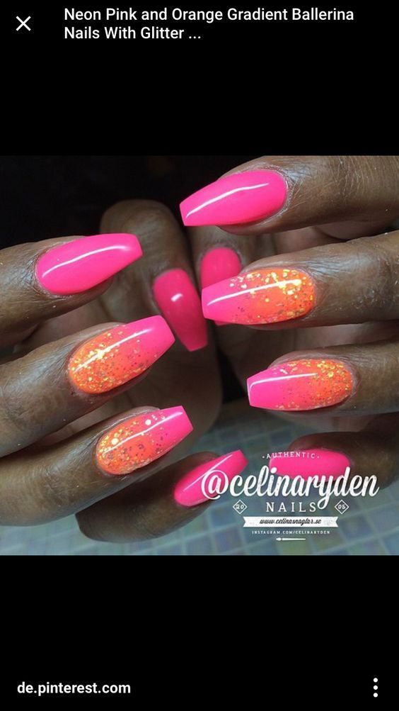 Striking Ballerina Nail Design with Neon Pink, Orange Hues, and Glitter Accents.