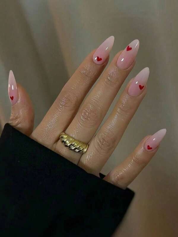 Elegant Almond-Shaped Nails with Pink Base and Playful Red Heart Designs