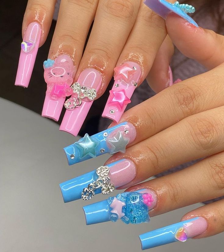 Playful Pastel Nail Design with Embellishments for a Trendy Aesthetic.