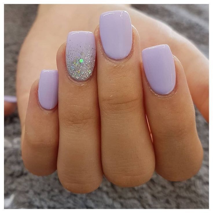 Elegant Lavender Nail Design with Glossy Finish and Sparkling Silver Accent.