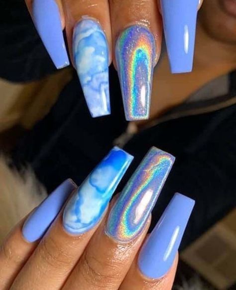 Elegant Blue Nail Design with Glossy and Holographic Finishes