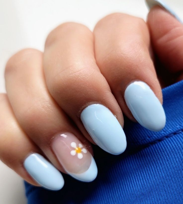 Refreshing Soft Blue Manicure with Glossy Finish and Cheerful Daisy Accents