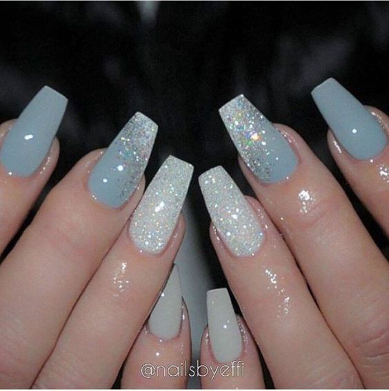 Chic Square Nail Design in Soft Gray with Glitter Accents.