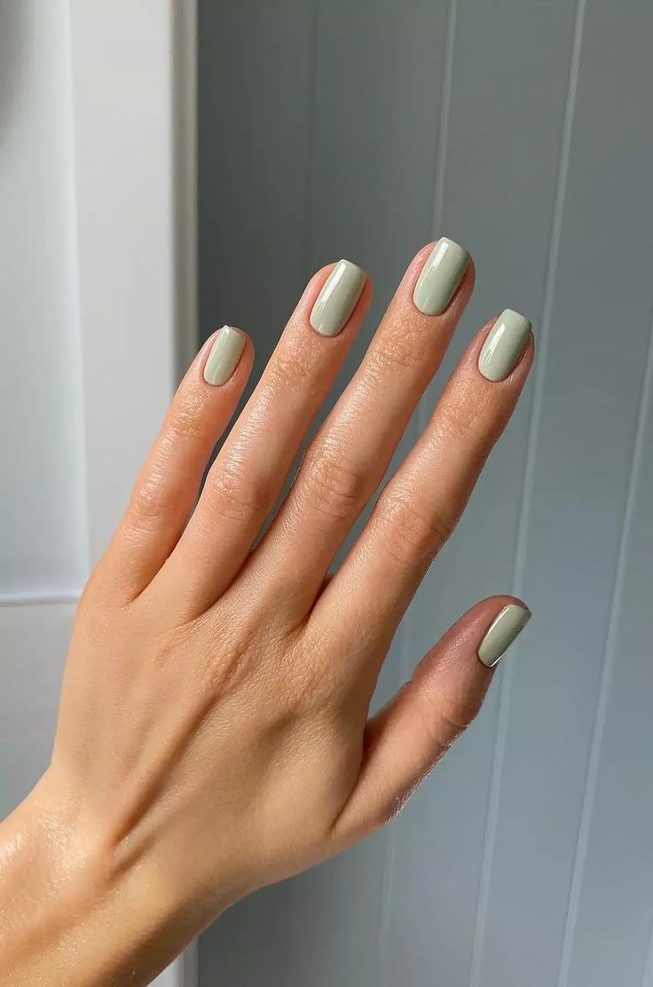 Elegant Almond-Shaped Nails: Soft Muted Green for a Minimalist Touch